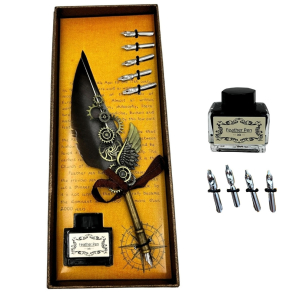 Poklon set za kaligrafiju steampunk – nalivpero, 6 pera i tinta